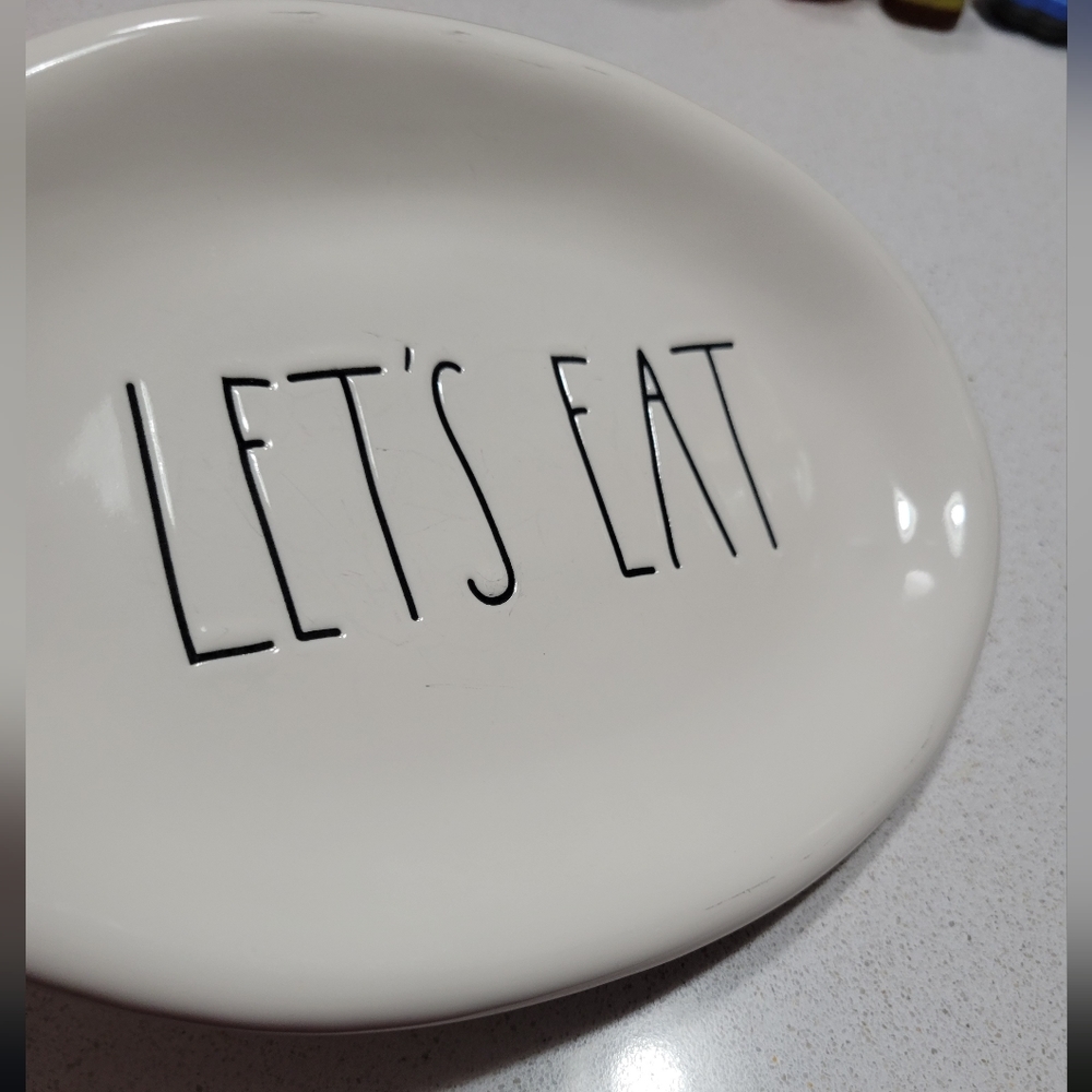 Let's Eat Rae Dunn Appetizer Serving Tray By Magenta Oval Ceramic Plate 8"